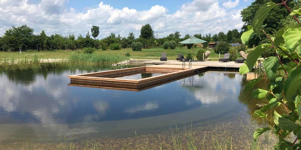 Zeigt einen Naturpool aus Holz in einem Teich