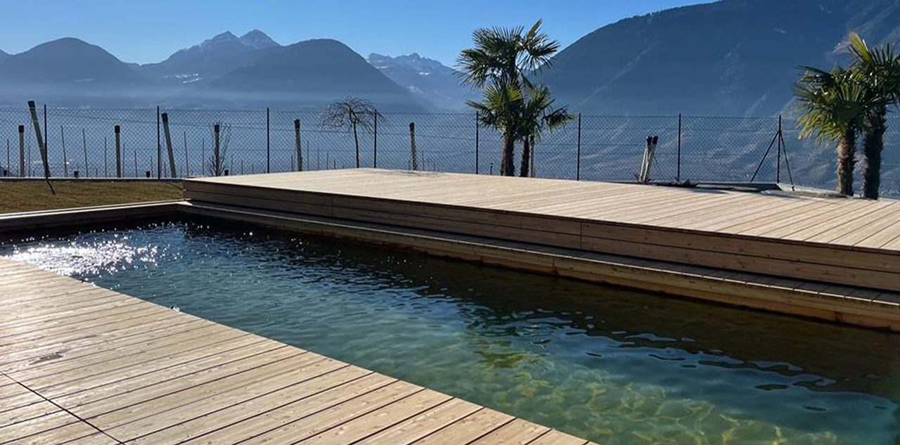Natural wooden pool with mountain backdrop